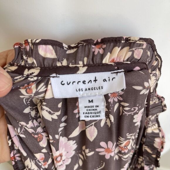 Current Air Long Sleeve Satin Pleated Boho Dress Brown Floral M Cottage Chic - Picture 9 of 14